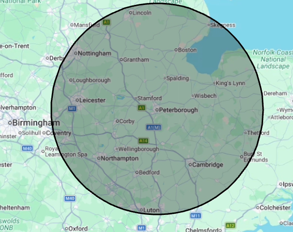 Map showing Drivewell's approximately 50-mile service radius around Peterborough, reaching towns such as Stamford, Huntingdon, Wisbech, Corby, Cambridge, Northampton and King's Lynn